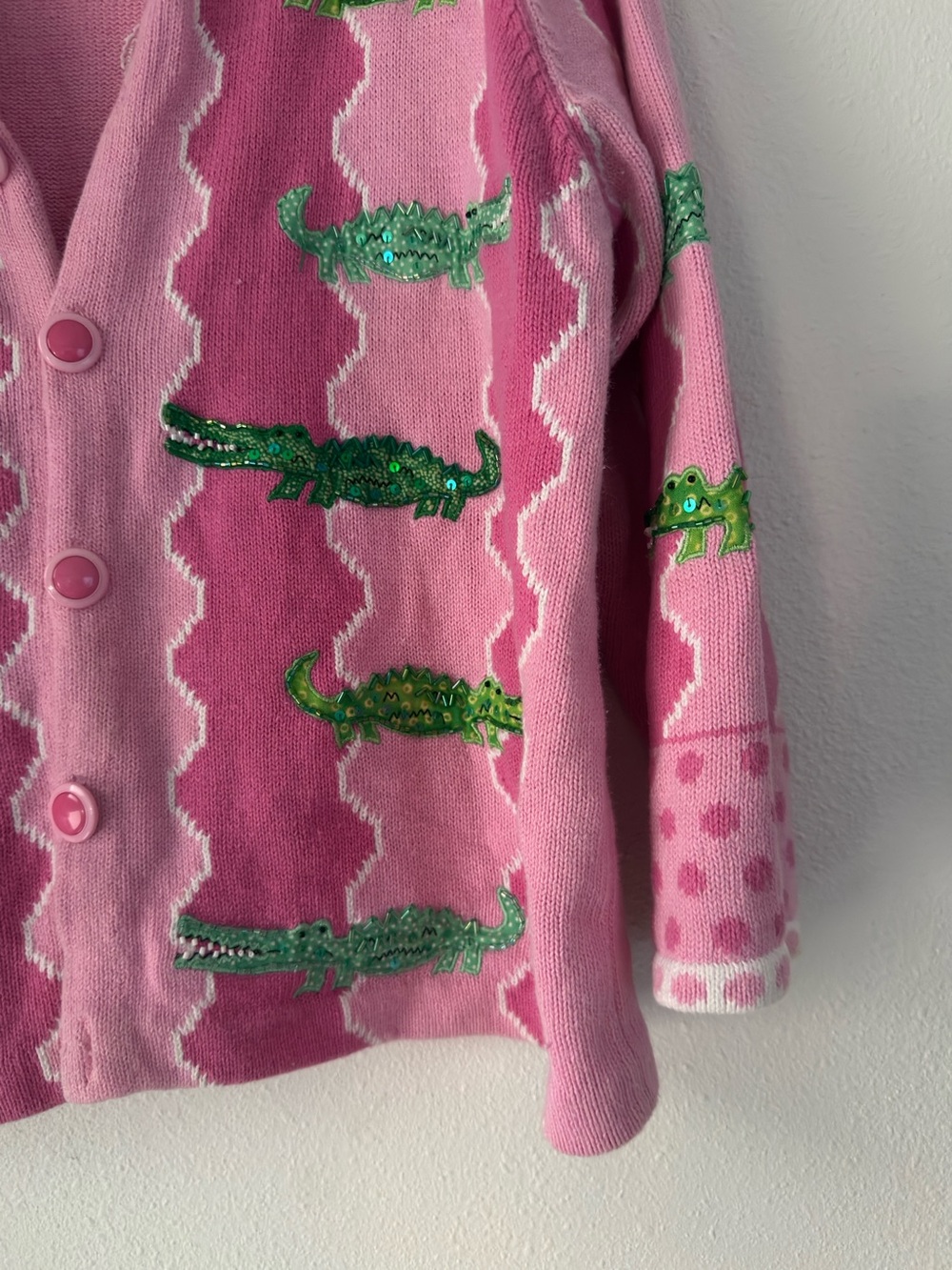 Vintage Design Options Alligator Pink Green Beaded Embroidered Art Wear 90s M - Picture 2 of 12